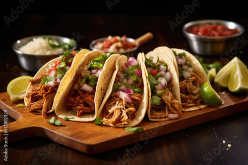 Mexican tacos, each filled with succulent pulled meat and topped with fresh diced whiter onions, cilantro, and round sliced jalapeño. Generative AI