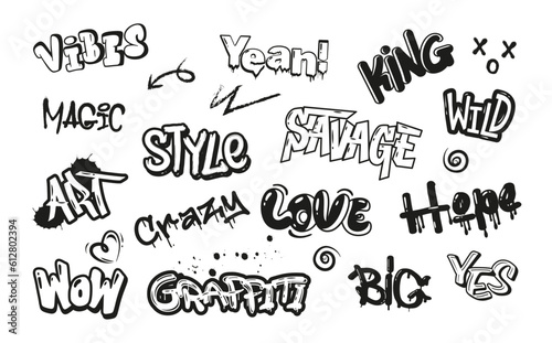 Street black graffiti. Vector set of urban typography art graffiti lettering, spray effect, signs, tags, grunge font. Paint art with drips, splashes and blobs for print, web, wall decorations, T-shirt
