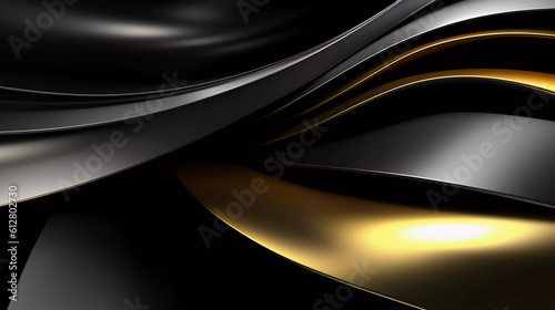 Abstract black and gold background with geometric dynamic glowing diagonal lines. Modern technology background, graphic for business, corporate, brochure, banner, cover or poster, Generative AI.