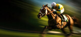 A jockey on a horse in motion. A background with motion blur as negative space.