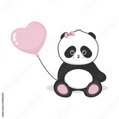 cute panda sits and holds a heart shaped balloon behind her back