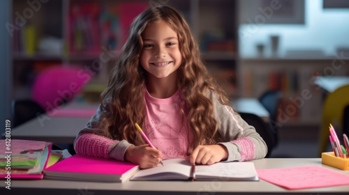 Portrait of a 9-year-old girl with dark hair sitting in a classroom, holding a science book, and looking at the camera while smiling. 