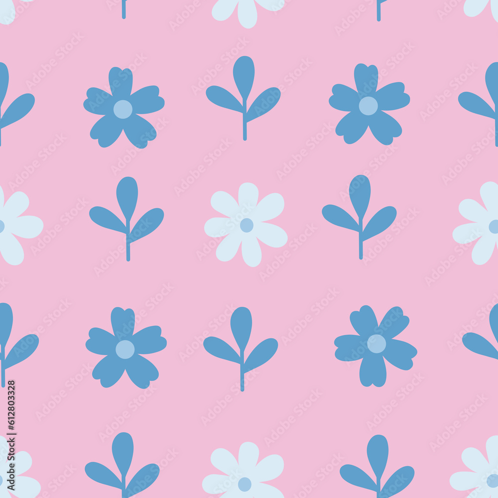 Cute floral seamless pattern with blue flowers and leaves on pink background. Baby clothing allover print. Botanical children’s endless pattern