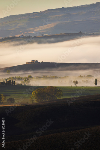 Typical Tuscan morning autumn landscape  Val D Orcia  Tuscany  Italy