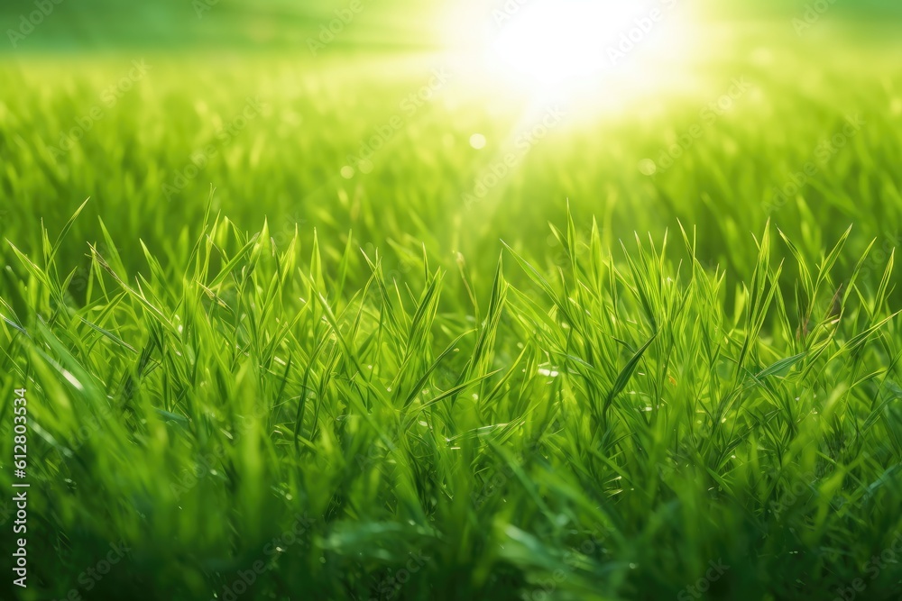 A grassy field with sun rays behind it. Generative AI