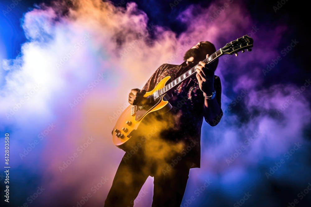 Fototapeta premium Guitarist shredding an electrifying solo, surrounded by a cloud of smoke and vibrant stage lights. Generative AI