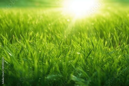 A grassy field with sun rays behind it. Generative AI