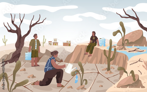 Vector people watering drought desert or ground