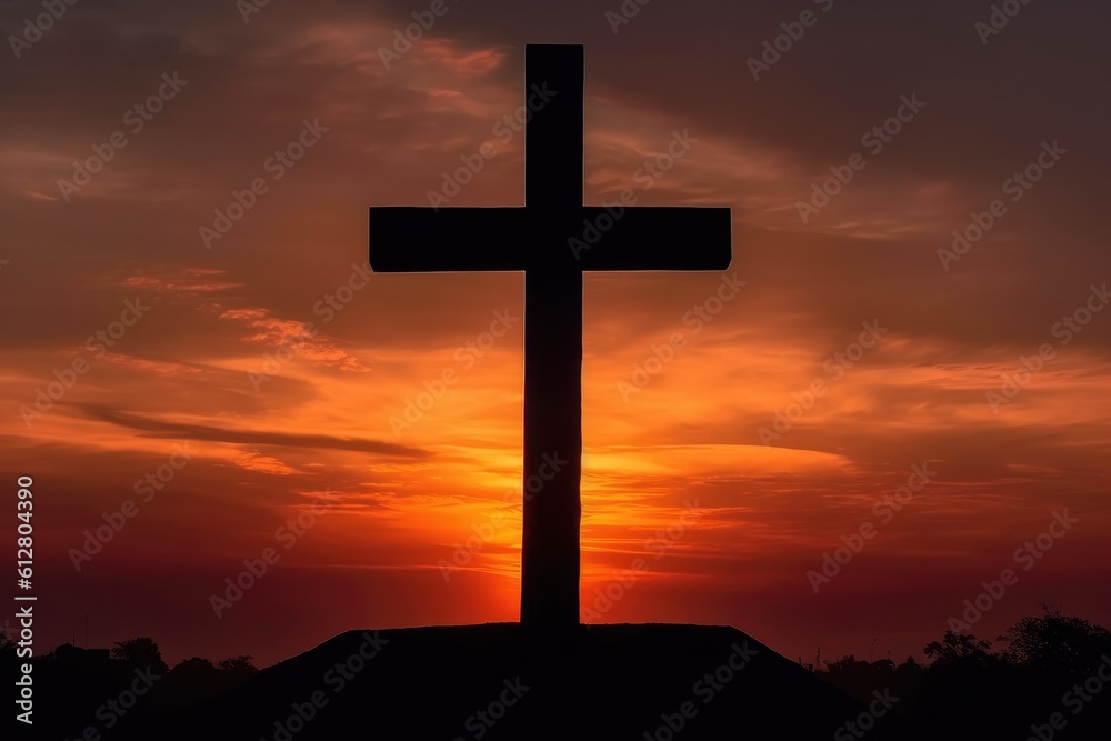 The cross with the sun behind, landscape. Generative AI