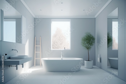 modern white bathroom, minimal style, contemporary design with natural light, generative AI