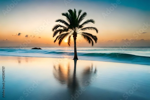A palm tree standing in a desert at the time of sunset