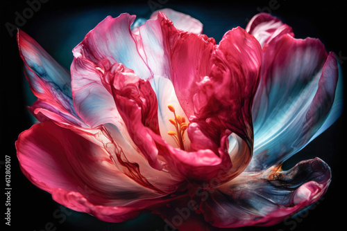 Close-up delicate blooming tulip as floral colorful abstract background. Bright botanical background for wallpaper, poster, product packaging, wedding invitation or presentations. Generative AI
