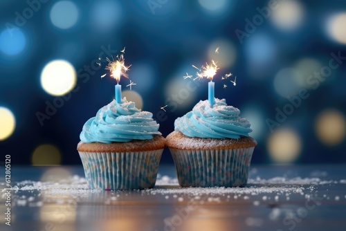 A birthday cupcake with candles on a blue background. Generative AI