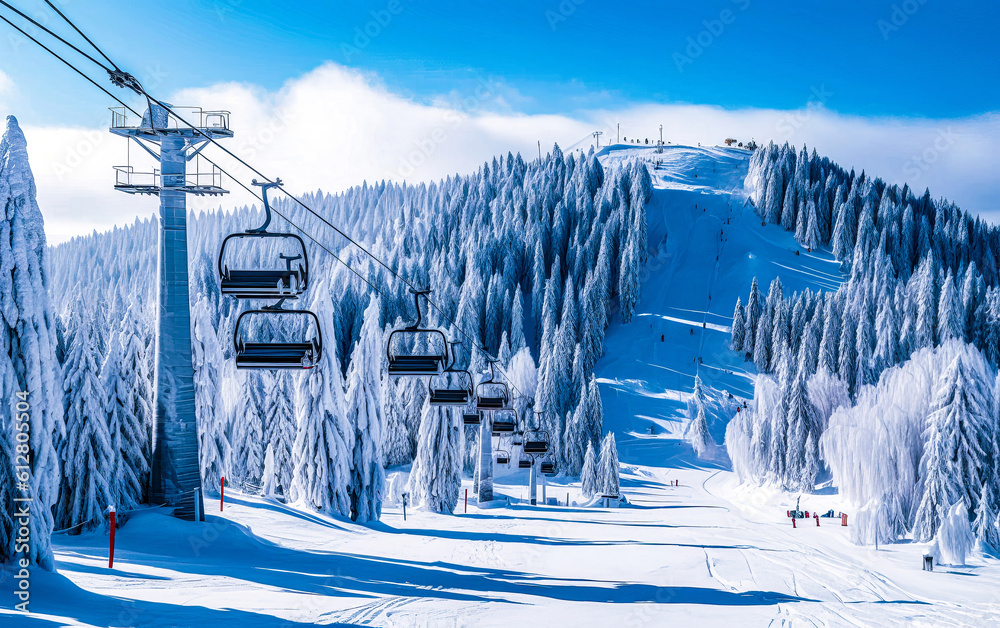 A snowy mountainside ski lifts in the middle ground and fur trees - obrazy, fototapety, plakaty 