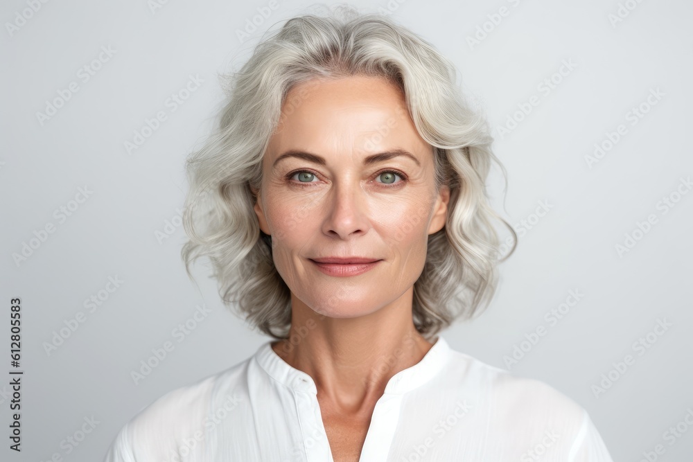 Beautiful mid aged mature woman looking at camera isolated on white. Mature old lady close-up portrait. Generative AI Beautiful mid aged mature woman looking at camera isolated on white. Mature old lady close-up portrait. Generative AI