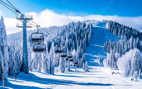 A snowy mountainside ski lifts in the middle ground and fur trees photo