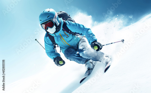 Man in professional alpine ski gear. Hanging down from snowiest mountain