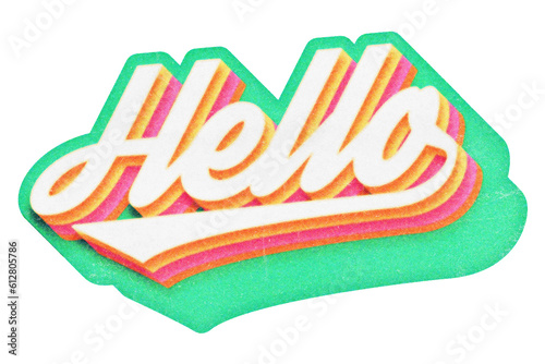 Word Hello paper cut-out in retro three-dimensional script lettering style isolated on transparent background