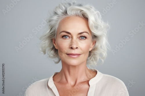 Beautiful mid aged mature woman looking at camera isolated on white. Mature old lady close-up portrait. Generative AI