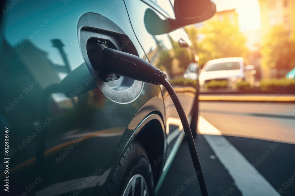 Electric car and home wall EV charger. Generative AI Electric car and home wall EV charger. Generative AI