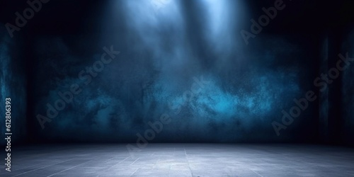 Photographie A dark empty street, dark blue background, an empty dark scene, neon light, spotlights The asphalt floor and studio room with smoke float up the interior texture