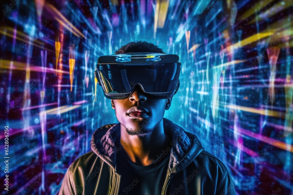 A photo of a person experiencing a virtual reality( VR) simulation. Generative AI