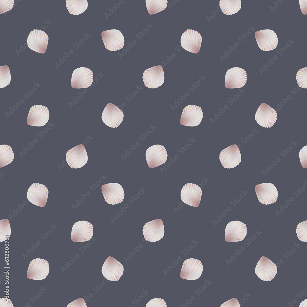 Watercolor seamless pattern with shells. Hand painting clipart underwater life objects on a white isolated background. For designers, decoration, postc