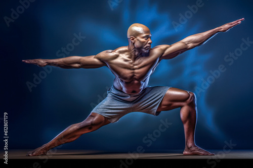 Athletic man in dynamic pose, wearing gray shorts and shirtless, blue background, studio portrait. Generative AI