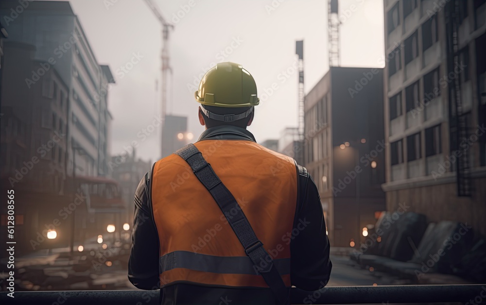 Construction worker at the construction site. Generative Ai illustration Construction worker at the construction site. Generative Ai illustration