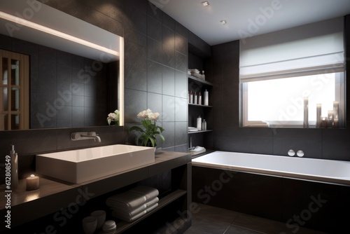modern dark themed bathroom, minimal style, contemporary design, generative AI