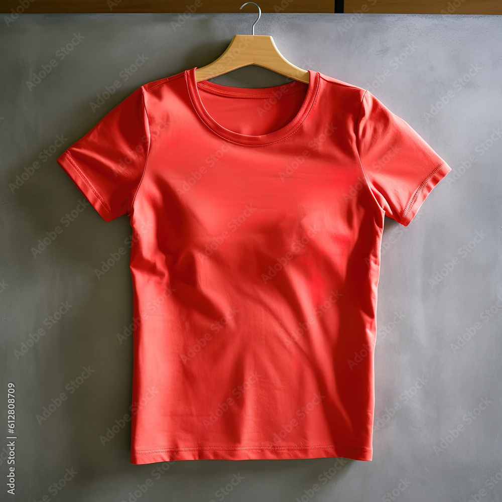 Simple red t-shirt on a wooden hanger. Created with generative Ai technology. Simple red t-shirt on a wooden hanger. Created with generative Ai technology.