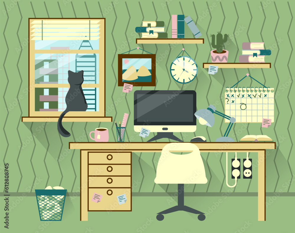 Office interior with workspace drawing in flat style and stationery equipment on green background vector Office interior with workspace drawing in flat style and stationery equipment on green background vector