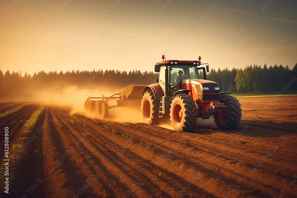Farmer using tractor works on agricultural field. Generative AI Farmer using tractor works on agricultural field. Generative AI