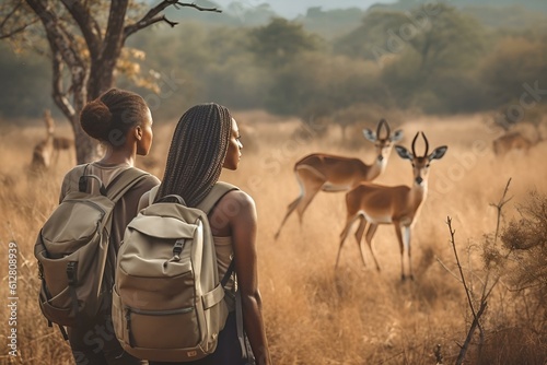 black women on safari impala antelope in the background summer