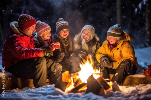 A photo of a family gathered around a crackling bonfire in the snow, roasting marshmallows and enjoying hot cocoa. Generative AI