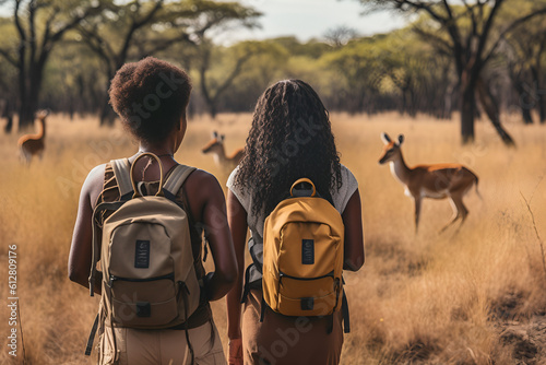 black women on a safari watching antelope summer  photo