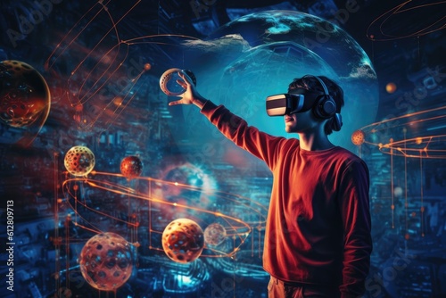 A photo of a person experiencing a virtual reality( VR) simulation. Generative AI © Mustafa