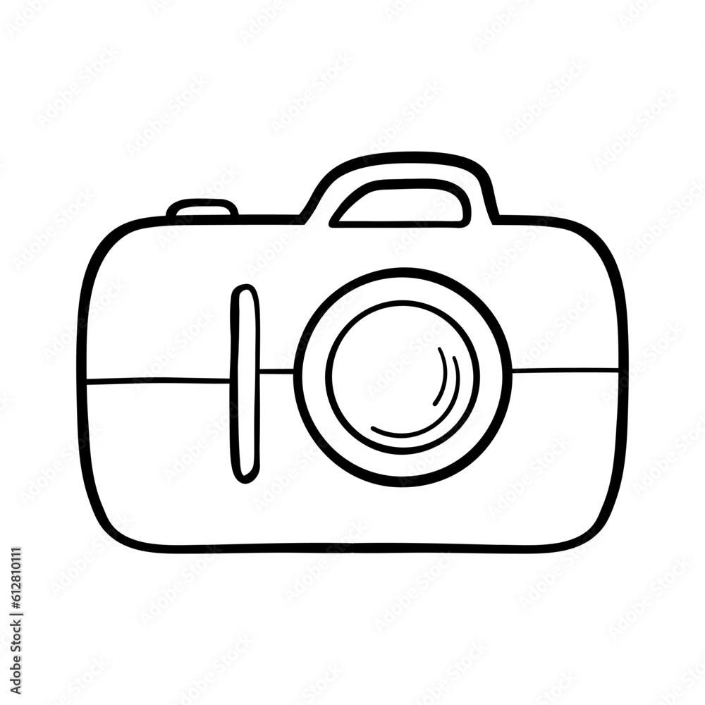 Camera icon. Photo gadget. Memories of travel. Tourist accessory. Vector illustration in doodle style. Camera icon. Photo gadget. Memories of travel. Tourist accessory. Vector illustration in doodle style.