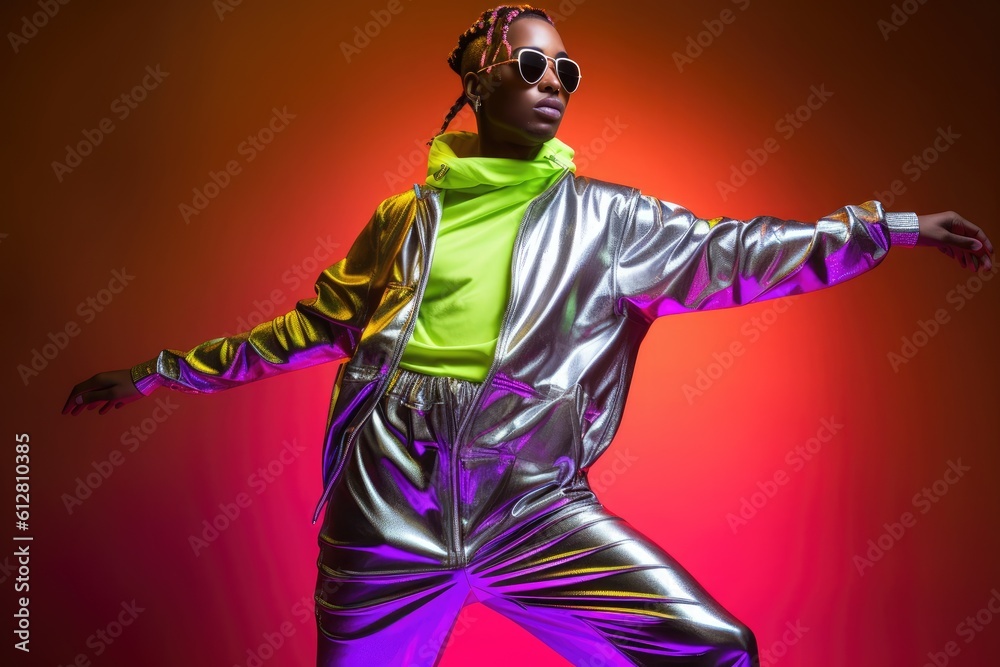 A photo of a person wearing a metallic silver jumpsuit with neon accents, reminiscent of the iconic 80's fashion. Generative AI A photo of a person wearing a metallic silver jumpsuit with neon accents, reminiscent of the iconic 80's fashion. Generative AI