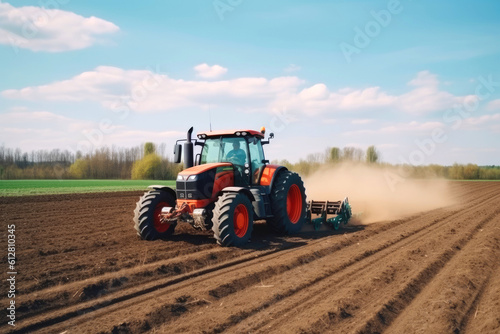 Farmer using tractor works on agricultural field. Generative AI