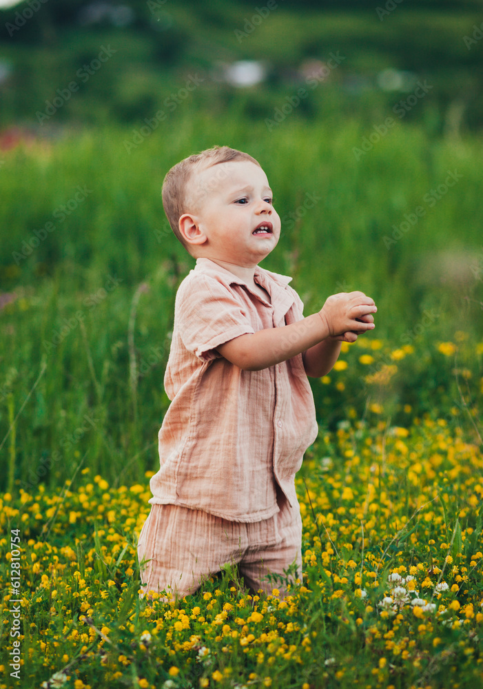 little baby playing in a field with wildflowers little baby playing in a field with wildflowers