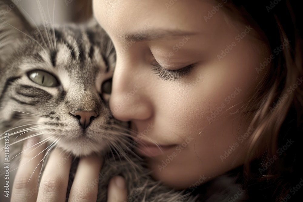 A photo of a woman sitting peacefully, cradling her cat in her arms, as she plants a gentle kiss on its head. Generative AI