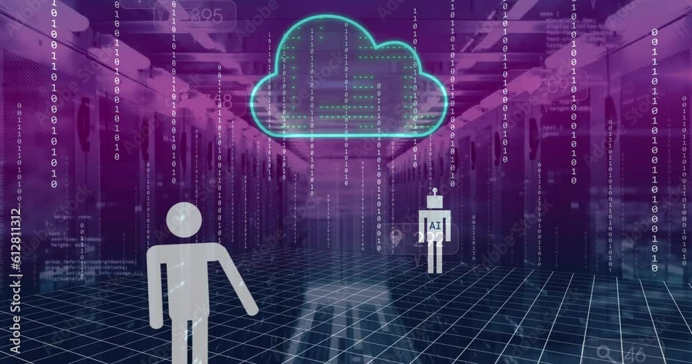 Animation of ai data processing and people icons over server room ...
