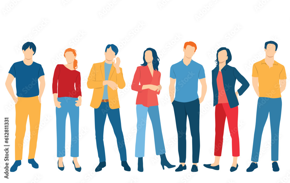 Obraz premium Set of young men and women, different colors, cartoon character, group of silhouettes of standing business people, students, the design concept of flat icon, isolated on white background