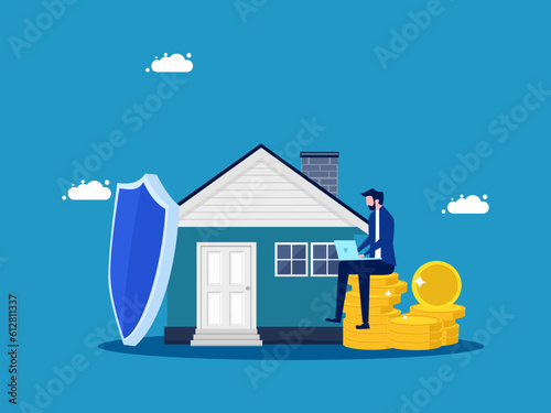 Home and property insurance. Businessman with protective shield and house vector