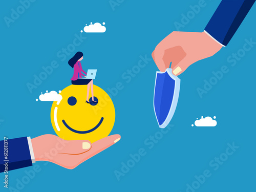Brokers buy or sell life insurance. Businesswoman holding shield and icon in good mood vector