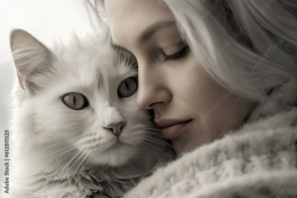 A photo of a woman sitting peacefully, cradling her cat in her arms, as she plants a gentle kiss on its head. Generative AI