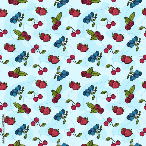 Seamless vector pattern with cartoon hand drawn fruits and berries. Vector illustration. Suitable for wallpaper, print, t-shirt, banner, pattern.