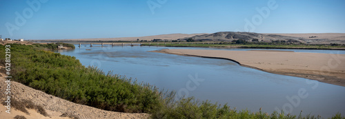 View of the Orange River and the  Ernest Oppenheimer Bridge on the R382 road between South Africa and Namibia. Near Alexander Bay. Northern Cape. South Africa. photo