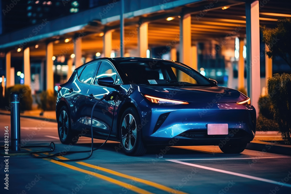 A photo of an electric vehicle parked at a charging station against a backdrop of a futuristic city skyline at dusk. Generative AI
